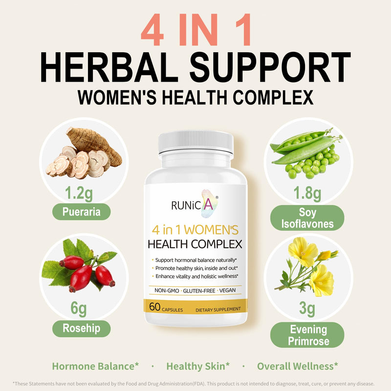 4-in-1 Women‚Äôs Hormonal Balance Complex Supplement | Rosehip, Pueraria & Evening Primrose with Soy Isoflavones | Menstrual Cycle, Menopause, Energy Level & Healthy Skin Support 30-Day Essentials Pack