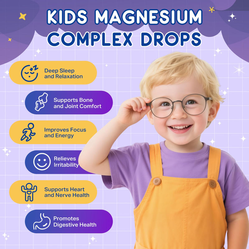 Magnesium Complex Liquid for Kids, Magnesium Glycinate, Malate, Taurate, Citrate with L-Theanine, Vitamin B6, B12, D3 Kids Liquid Drops for Sleep, Relaxation, Calm, Focus - 4 Fl Oz, Mixed Berry Flavor 4 Fl Oz (Pack of 1)