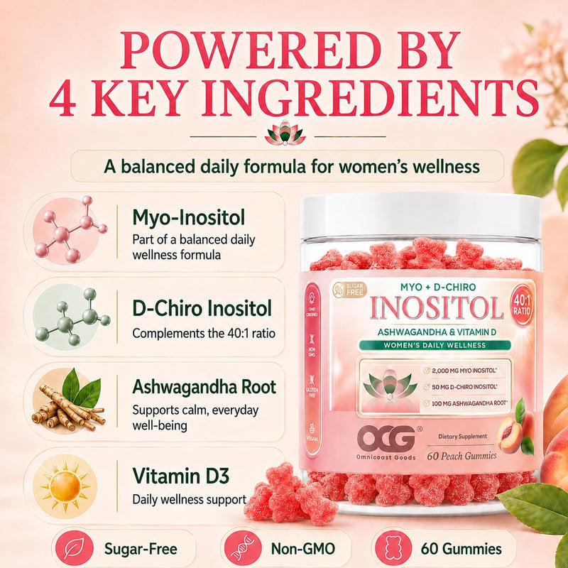 Myo-Inositol & D-Chiro Inositol Gummies with Ashwagandha Root & Vitamin D3 | 40:1 Ratio | Sugar-Free Peach Flavor | Non-GMO | Dietary Supplement | 60 Gummies 1
