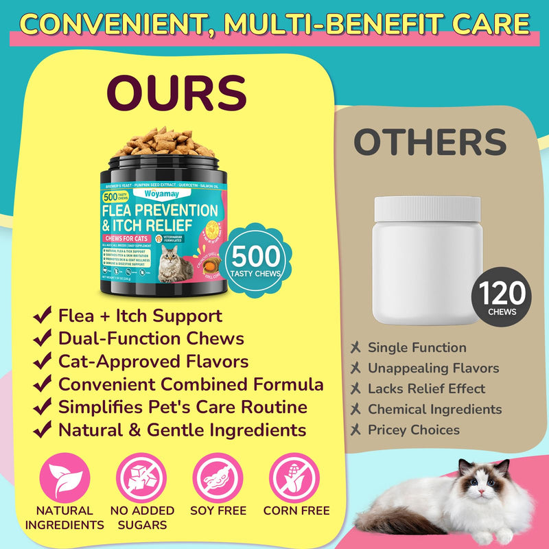 Woyamay Flea Treatment for Cats & Itch Relief Chews, 500 Crunchy Cat Flea Treatment Chews, Cat Itchy Skin Relief, Cat Itching Relief & Skin Care, Flea Prevention for Cats, Chicken Flavor