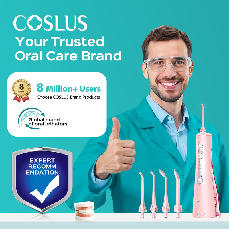 COSLUS C50 Portable Water Flosser for Teeth: 4 Modes & 5 Intensity Levels Professional Electric Dental Pick for Sensitive Gums, Braces & Orthodontic - Cordless for Travel Use, BPA-Free Pink