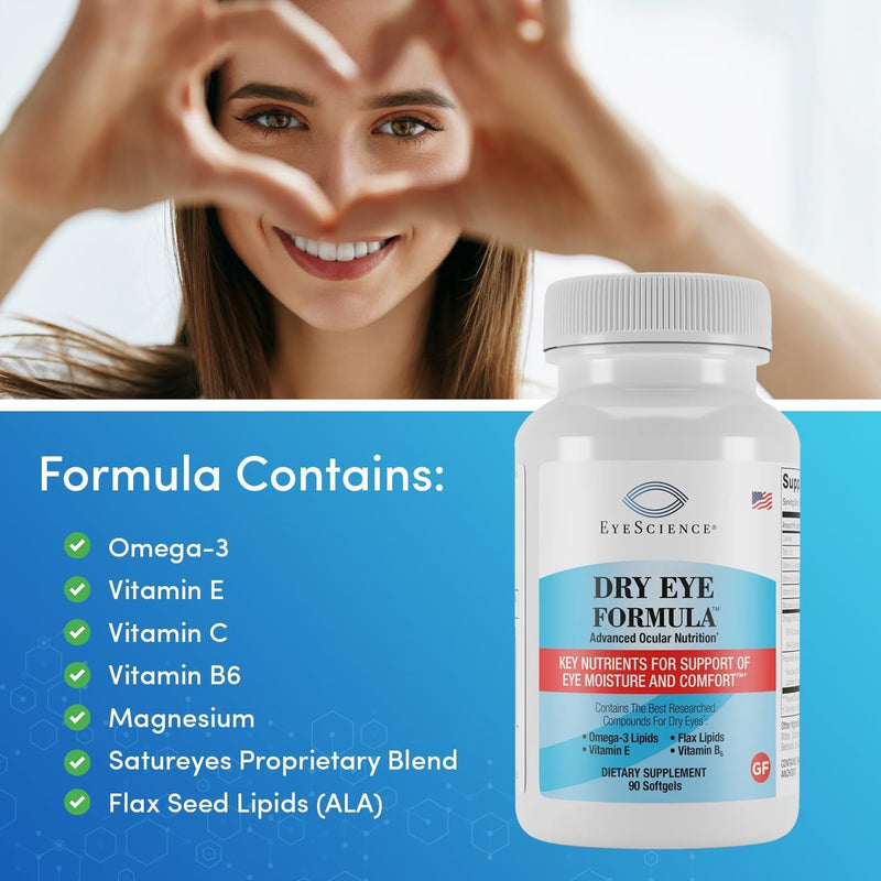 EyeScience - Dry Eye Formula - 90 Softgels - for Relief, Omega-3, Vitamins E, C & B6, Magnesium - Tear Production & Lasting Comfort - 2 Pack 90 Count (Pack of 2)