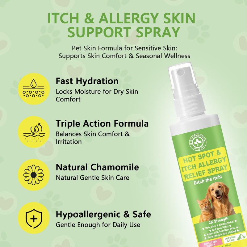 Allergy Itch Relief Hot Spot Spray for Dogs & Cats –Natural Allergy Itch Support Spray with Chamomile & Oatmeal, Skin Comfort & Moisturizing, Anti-Scratch Spray for All Ages & Breeds 4 fluid ounce