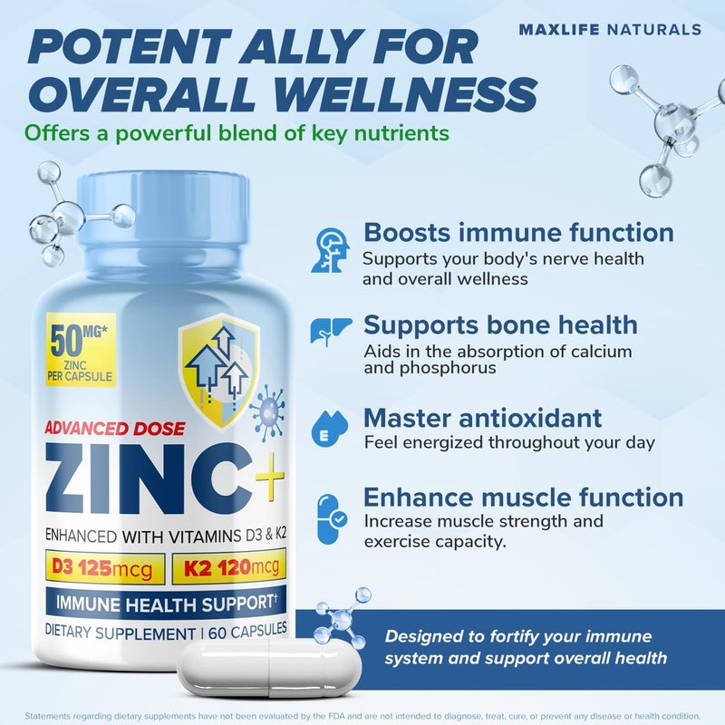 MaxLife Naturals Zinc Picolinate 50mg D3 K2, 60 Capsules Made in USA | Immune Health Support, Bone Wellness, Cardiovascular Care, Men Women Formula, Daily Nutrient Routine