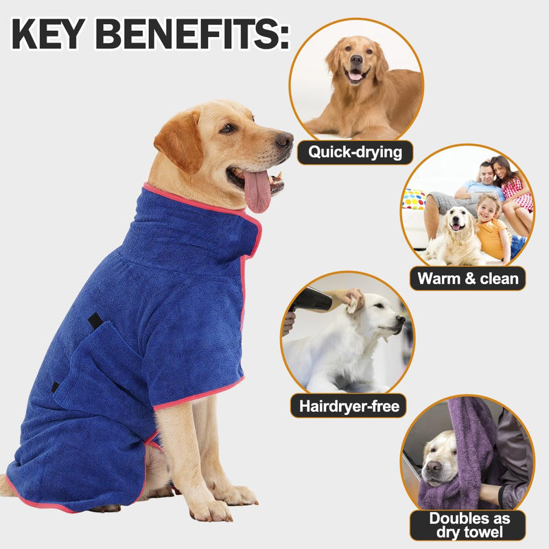 HezzLuv Bathrobe for Dogs, Dog Bathrobe Made of Microfiber for Medium and Large Dogs, Absorbent Dog Bathrobe, Dog Drying Robe with Velcro Fastener for Dogs and Cats (Blue, L) L Blue - BeesActive Australia