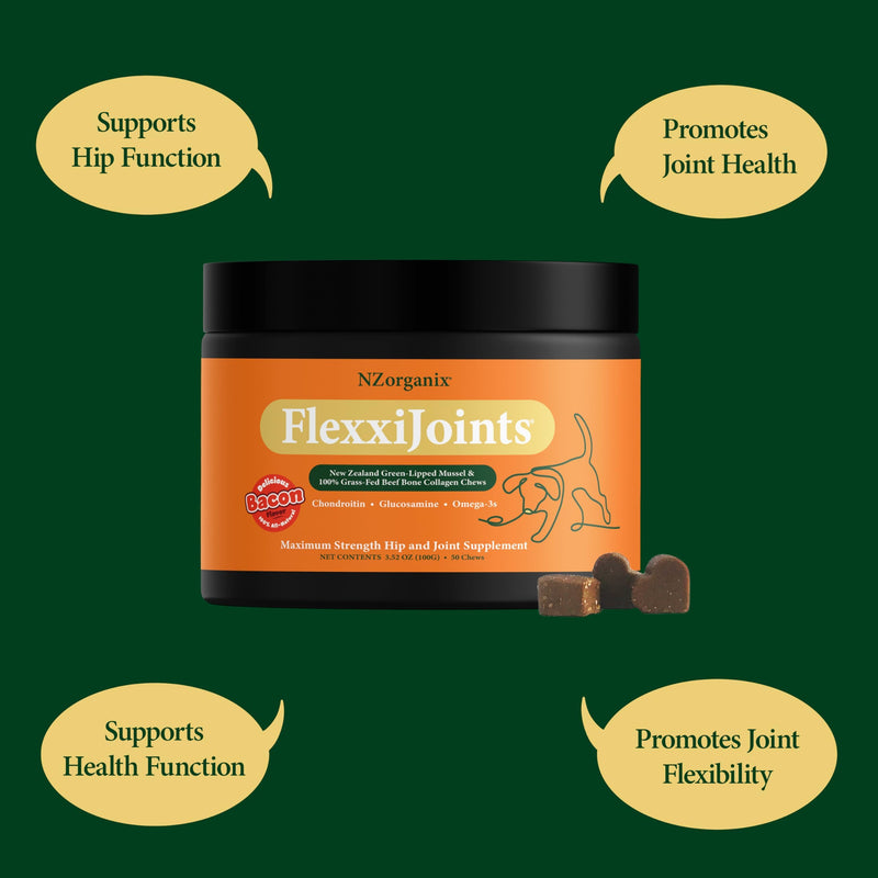 NZorganix FlexxiJoints Hip and Joint Supplement Chews for Dogs, Cats • 100% Grass-Fed Beef Bone Collagen New Zealand Green-Lipped Mussels • 100 Chews