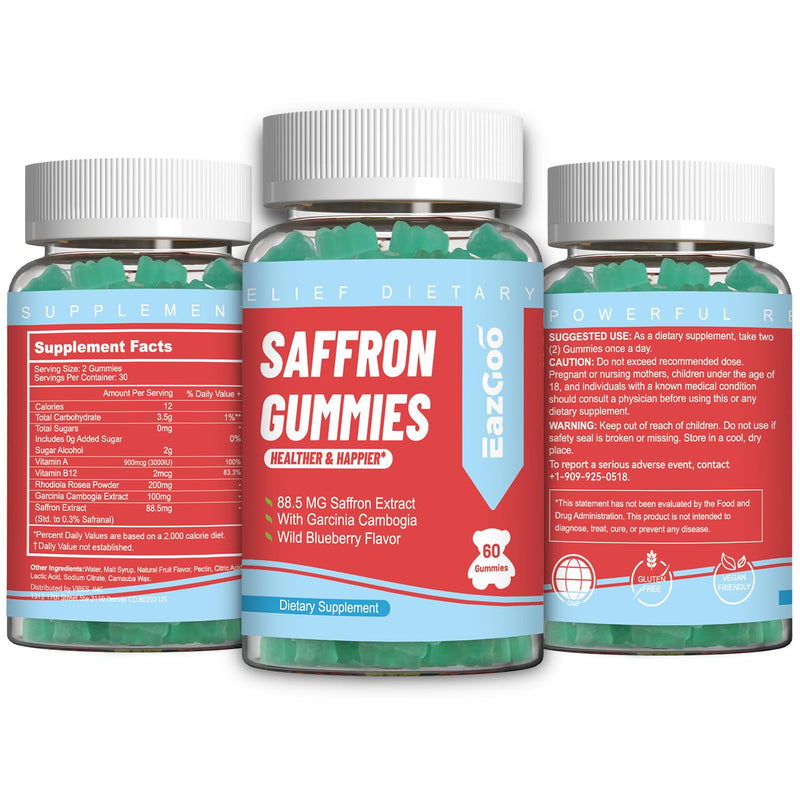 Saffron Supplements Gummies, Saffron Extract, Vegan - 60 Gummies | for Positive Mood & Calm Nerve, Boost Energy, with Garcinia Cambogia, Vitamin A, B12, Rhodiola Rosea 60 Count (Pack of 1)