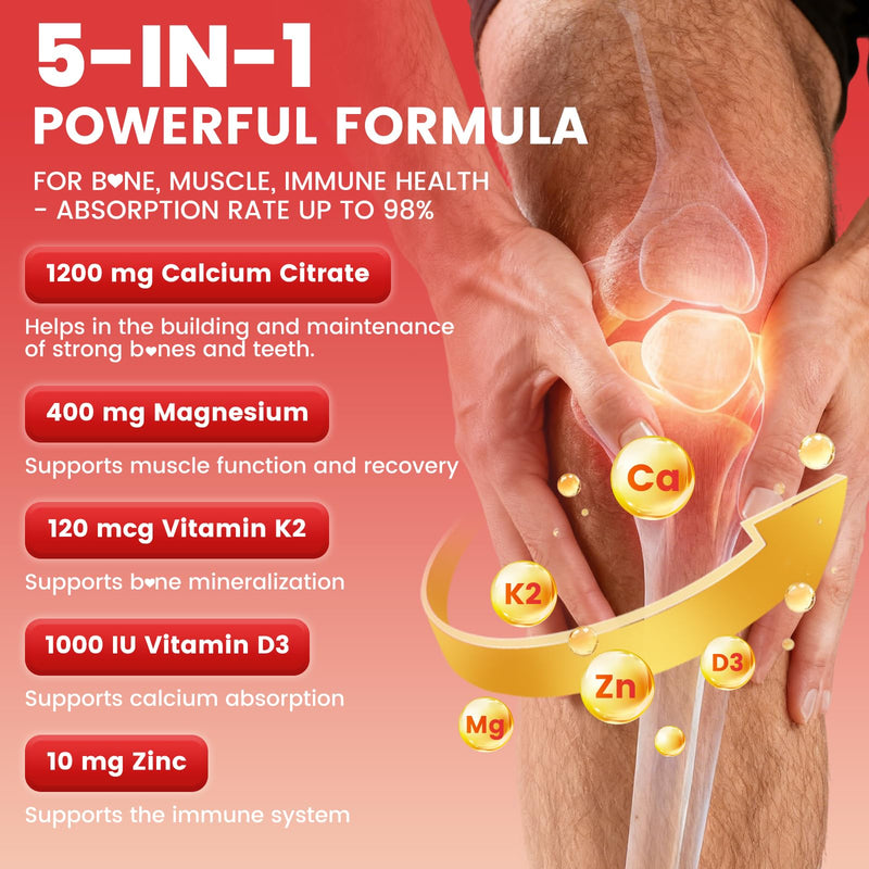 Calcium Citrate Gummies 1200mg, High Absorption Calcium Supplements with Vitamin D3, K2, Magnesium, Zinc for Bone, Muscle & Immune Support, Calcium Gummies for Women & Men, Strawberry Flavor 120 Count 60 Count (Pack of 2)
