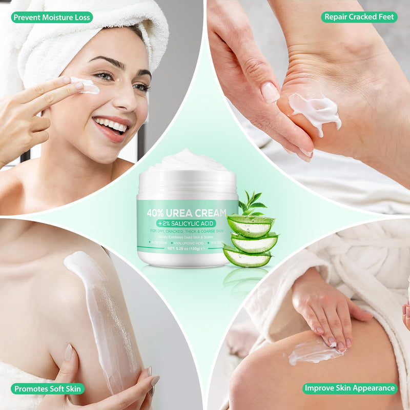 Urea Cream 40 Percent for Feet - 40% Urea Cream Plus 2% Salicylic Acid with Hyaluronic Acid,Tea Tree, Aloe Vera for Dry Cracked Heels, Knees & Maximum Strength Foot Deep Moisturizer(5.29 OZ) - BeesActive Australia