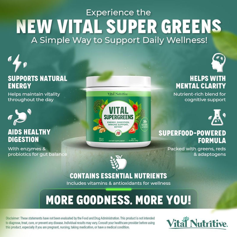 Vital Greens Superfood Powder, 30+ Ingredients ‚Äì Daily Green Drink Powder w/Probiotics & Superfoods ‚Äì Supergreens for Energy, Gut Health, Digestion Support, Plant-Based, Vegan Superfoods