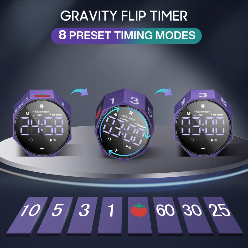 Digital Pomodoro Timer,Frosted Metal Productivity Cube Timer,1.8 in LED Digital Large Screen,Auto-Rotating Display,1/3/5/10/25/30/60min & Custom Time, Silent & Alarm,for Office, Study, Work(Purple) Purple