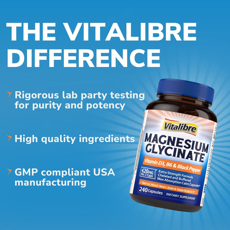 Vitalibre Magnesium Glycinate 420mg with Vitamin D3 B6, 240 Vegan Capsules | Chelated & Buffered Magnesium Supplement | High Absorption for Nerve, Bone, Heart, Mood, Sleep Support, Non-GMO 240 Count (Pack of 1)