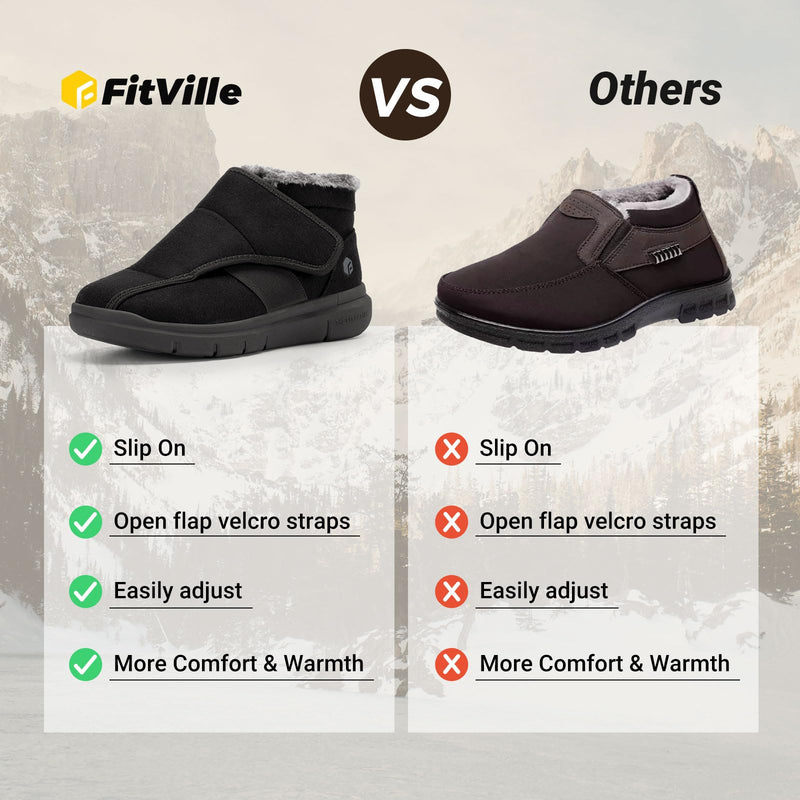 FitVille Diabetic Shoes for Men Extra Wide Width, Warm Slip-on Winter Slipper Boots with Adjustable Closures, Snow Boots for Swollen Feet, Neuropathy Black 14 X-Wide