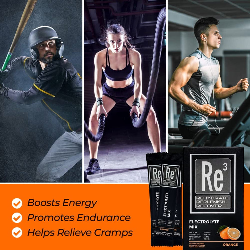 Re3 - Rehydrate - Replenish - Recover Electrolyte Powder Packets. No Sugar, 7 Cal, 1.4 Carbs. The Best Mix of Vitamins and Minerals (Orange) Orange