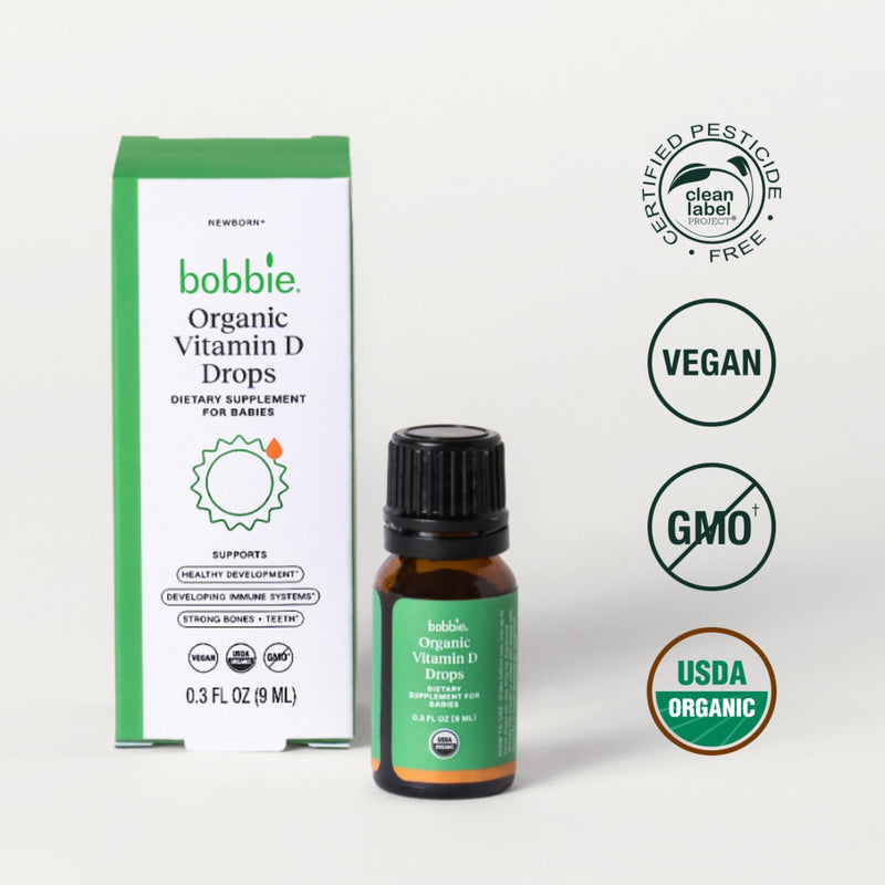 Bobbie Organic Baby Vitamin D Drops, Immune Health, 400 IU, 0.3 fl oz | Daily Liquid Supplement, Supports Development, Strong Teeth & Bones* in Newborn Babies and Infants, Vegan