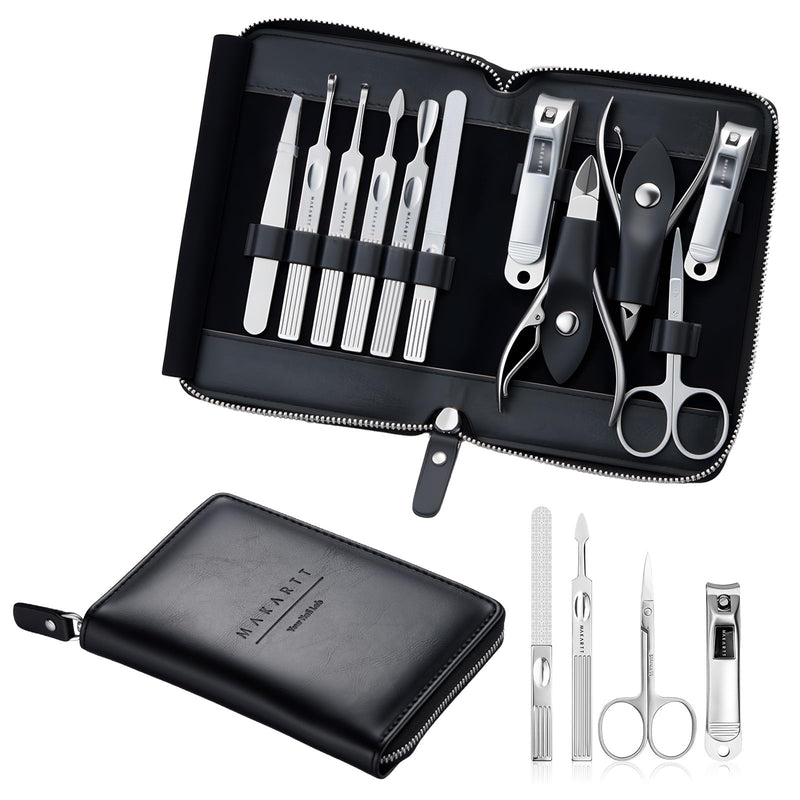 Makartt Manicure Kit: Professional Nail Care Clippers Set - 11 pcs Stainless Steel Tavel Women Men Fingernail Grooming Tool with Portable Black Leather Case - BeesActive Australia