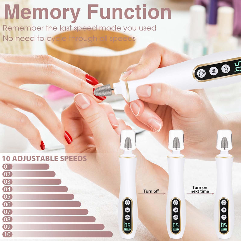 Professional Manicure Pedicure Kit, Cordless Electric Nail Drill with 360° LED light&10 Speeds, Rechargeable Pedicure Tools for feet, Hand Foot Care Nail Drill for Thick Nail Toenail Cuticle Women Men White - BeesActive Australia
