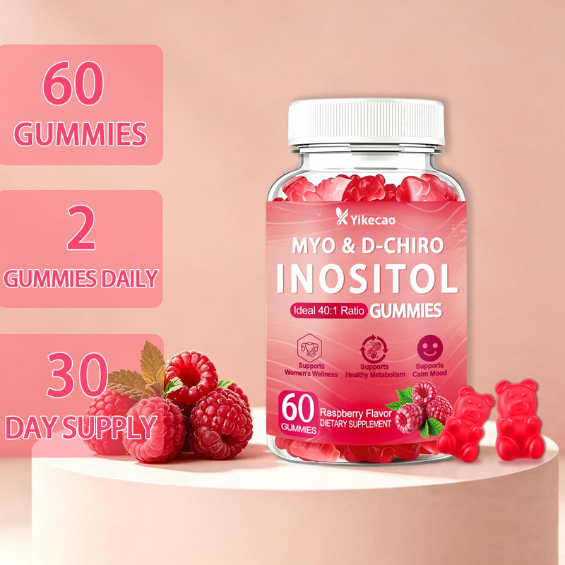 Myo-Inositol & D-Chiro Inositol Gummies, Raspberry Flavor | 40:1 Ratio – with Vitamin D3, Magnesium Glycinate for Female Hormonal Balance, Ovarian Health & Wellness, 60 Count 60 Count (Pack of 1)