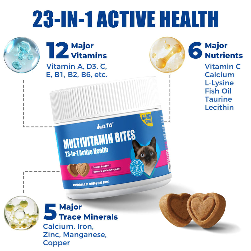Just Try 23 in 1 Taurine for Cats Vitamins Treats with L-Lysine for Immune, Joint Support Skin & Coat & Heart Health - Multivitamin, Omega 3, Biotin Supplements for Indoor & Senior Cat - 300 Bites