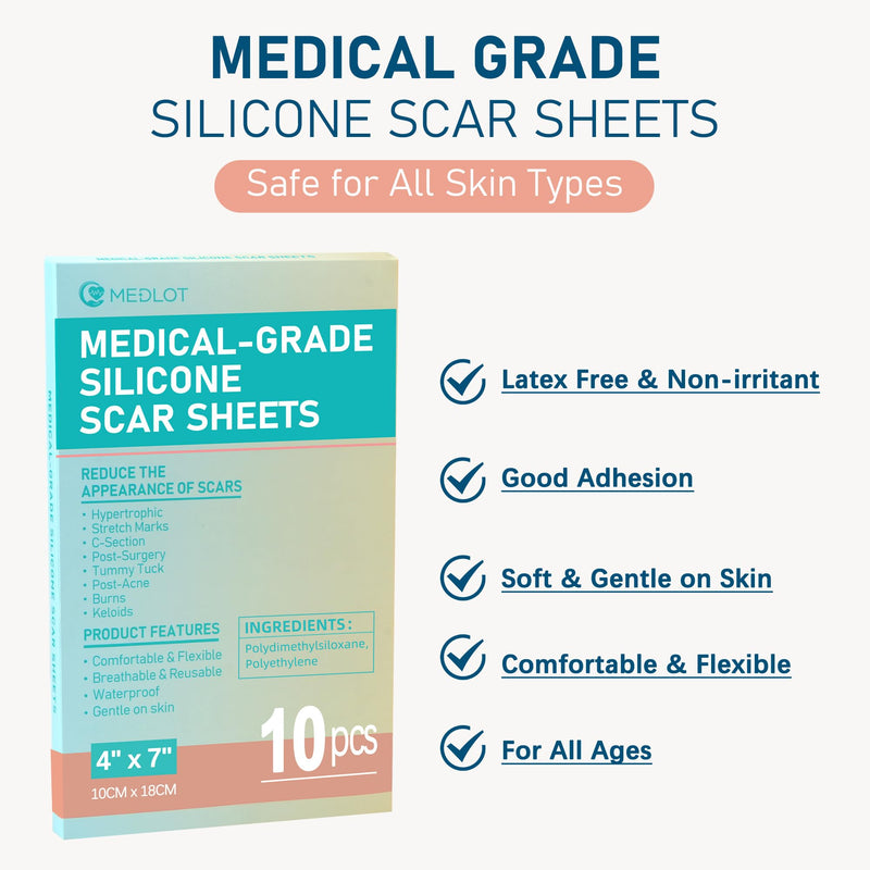 Silicone Scar Sheets, Large 10Pcs 4” x 7” Each, Medical Silicone Tape for Scar Treatment, Scar Patches for C-Section, Keloid Bump, Stretch Marks, Burn, Acne, Surgical Scar Removal 10 Sheets (each 4”x7”) - BeesActive Australia