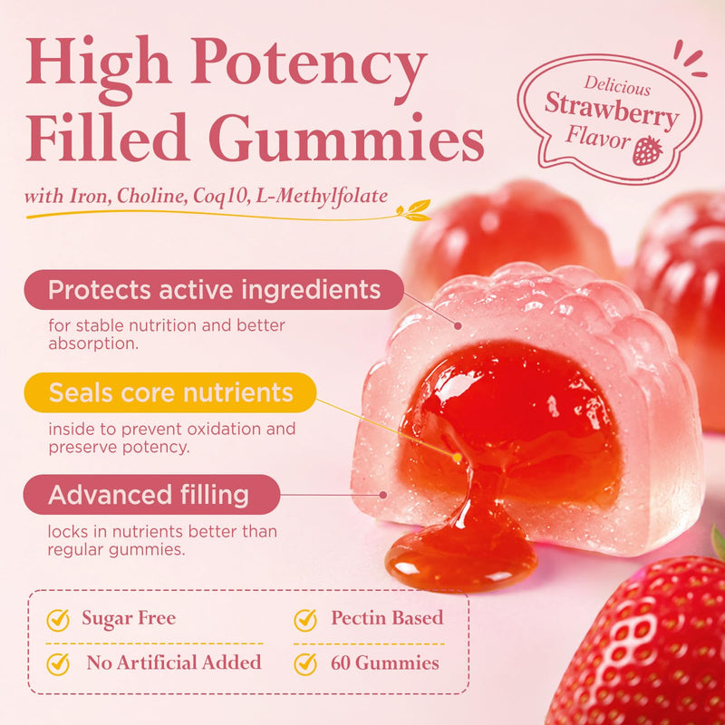 Prenatal Vitamins for Women, Choline Prenatal Gummies with Iron, Omega 3 | Women’s Multivitamin, L-Methylfolate, CoQ10, Prepare / Pregnancy / Postnatal for Mom & Baby, Sugar Free 60 Gummies