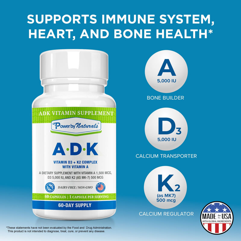 Power By Naturals ADK Vitamin Supplement - Vitamins A, D3 & K2 MK-7 | Vitamins D3 5000 IU & K2 MK-7 for Bone Health & Immune Support - Calcium Absorption - Gluten-Free, Soy-Free - 60ct (2-Month) 1