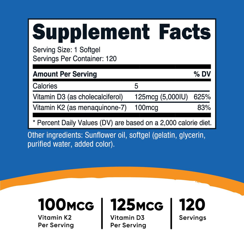 Nutricost Vitamin K2 (MK7) (100mcg) + Vitamin D3 (5000 IU) 120 Softgels - Gluten Free and Non-GMO Unflavored 120 Count (Pack of 1) - BeesActive Australia