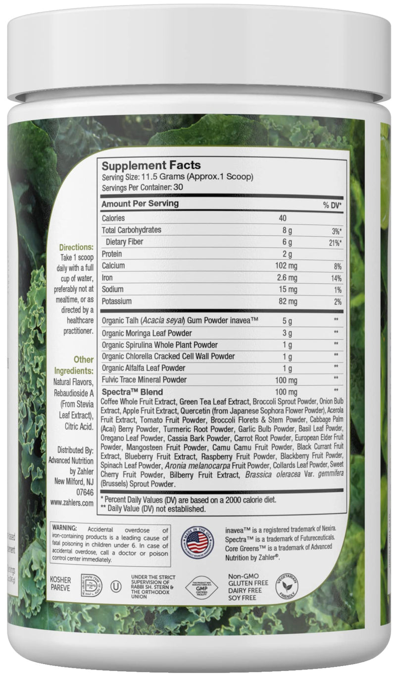 Zahler Core Greens Powder Nutrition Supplements - Superfood Powder - Super Green Juice & Smoothie Mix - Phytonutrient Rich with Spirulina, Chlorophyll & More - Kosher Superfood Spearmint
