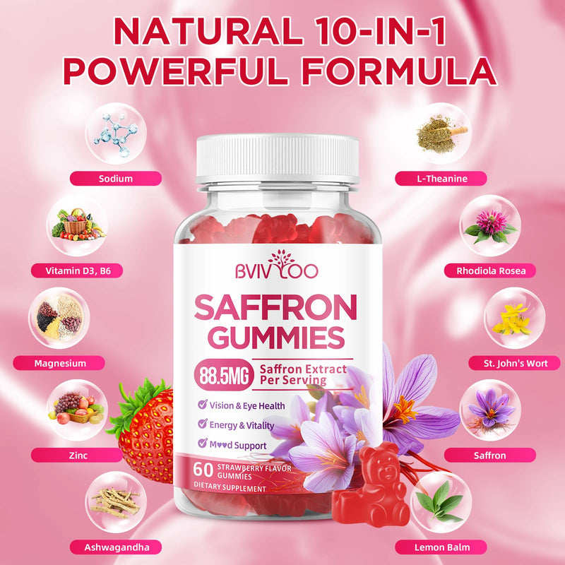 Saffron Gummies for Adult Kids, 10-IN-1 Formula with Saffron 88.5mg, Vitamins D3 & B6, Magnesium, Zinc, Ashwagandha, L-Theanine, St. John's Wort - Supports Mood & Focus, Strawberry Flavor, 60 Count 2pack