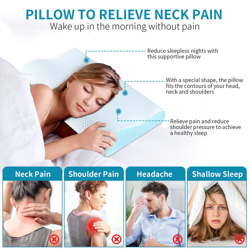 Memory Foam Pillows , Neck Pillow Queen Size Bed for Sleeping , Ergonomic Cervical Support Side Back Stomach Sleeper , Orthopedic Contour and Shoulder Pain Blue Queen(23.6*14*4.9inches)