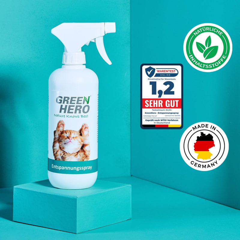 Green Hero Relaxation Spray 500 ml for cats contains calming scents such as valerian, lavender and natural catnip for well-being and relaxation - BeesActive Australia