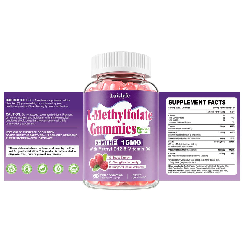 2 Pack L-Methylfolate 15mg Gummies & Methyl B12, High Absorption Active Folate 5-MTHF Supplement for Cognition, Mood & Immune, Sugar Free, Vegan, Non-GMO, Raspberry Flavor, 120 Count 60 Count (Pack of 2)