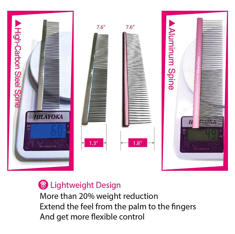 Greyhound Grooming Pink Comb for Dogs and Cats, Removing and Shedding Matted, Tangled Hair, Metal Oval Handle with Stainless Steel Pins, Detangling Tool, Pet Comb (50% Narrow Spacing-Pink) Pink-50% fine pins Small - BeesActive Australia