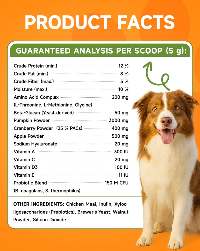 Pumpkin Powder for Dogs - Pumpkin for Dogs with Probiotics, Apple, Cranberry - Rich in Fibre for Gut Health, Digestion, Healthy Stool - Also Support Urinary Tract, Skin, Coat - Chicken Flavor