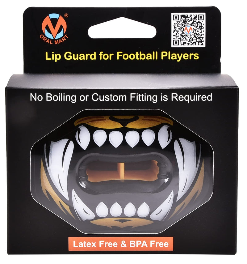 Oral Mart Flag Football Mouth Guard with 3D LipFit Design for Kids - Youth Tackle Football Mouthguard (No Boil) Cool Instant Fit Lip Guard Mouthpiece for Braces (Detachable Helmet Strap Included) Youth / Adult (Age 8 & Up) Tiger Bite