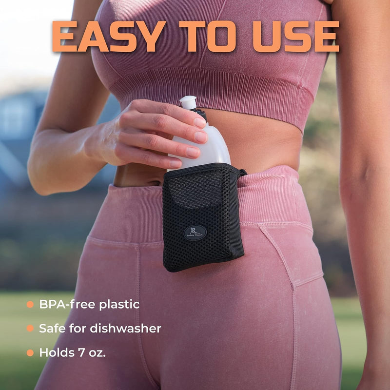 Running Buddy Running Water Bottle Pouch - 4" x 4" Black, 7 oz - Magnetic Water Bottle Holder for Running & Walking - No-Bounce Hydration Pack 4 in x 4"