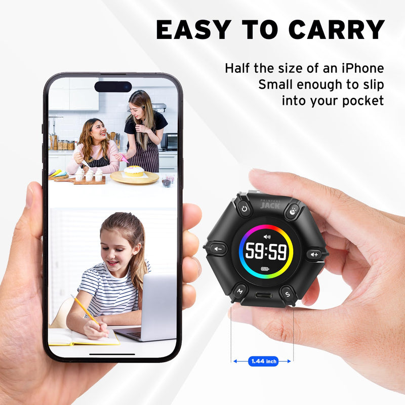 Jack Pomodoro Timer - Productivity Cube, Visual Focus Timer, Mute & Vibration & Adjustable Sound Alert, for Office, ADHD, Study, Work, 3/5/10/25/30/60min & Custom Countdown - Black Real Black - BeesActive Australia