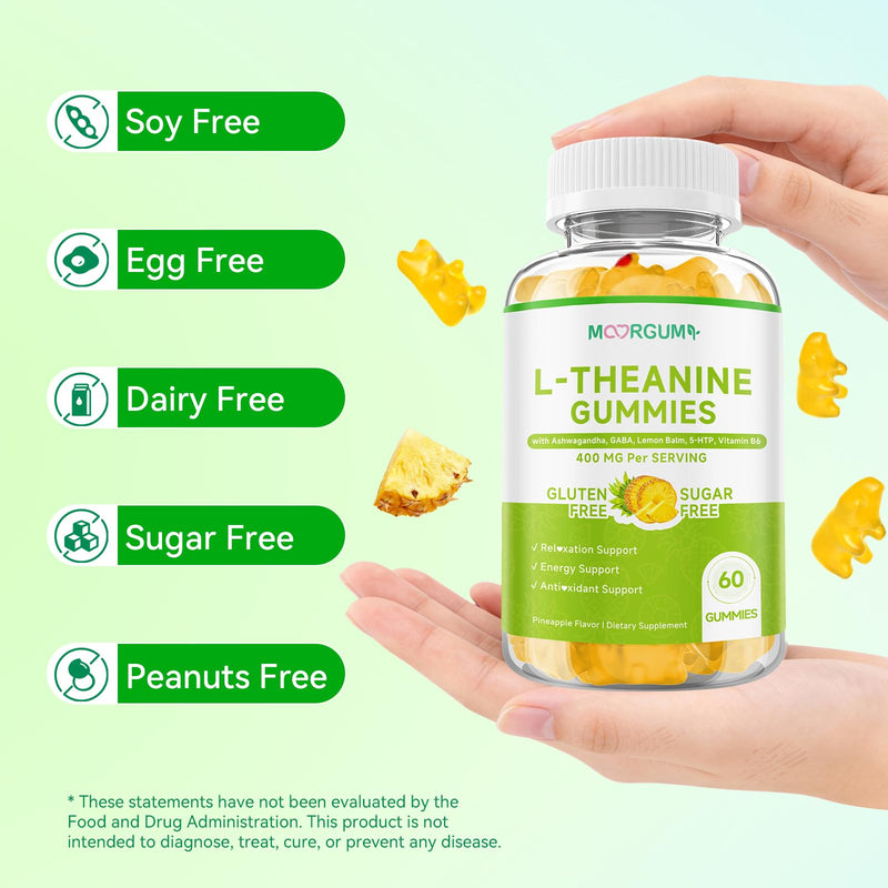 L-Theanine Gummies, 400mg l'theanine Chewable Supplement with Ashwagandha, GABA, Lemon Balm, 5-HTP, Vitamin B6, Support Zzz, Relax & Emotion, Vegan, Non-GMO, Sugar Free, Pineapple Flavor, 120 Count