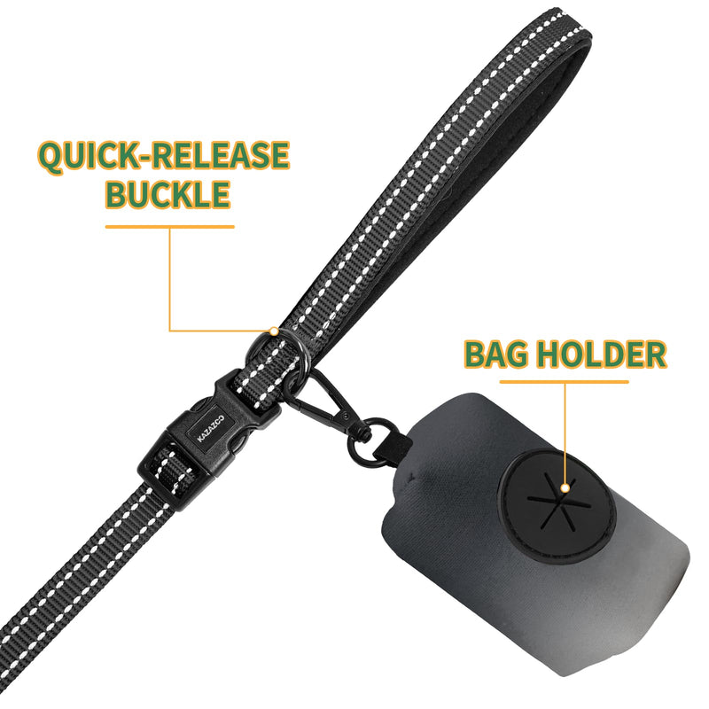 Kazazoo Hands-Free Dog Leash with Poop Bag Holder, Adjustable 4-7 Ft Waist for Dog Walking, Running for Small & Medium Dogs with Reflective Strips, Nylon Waist Belt, Black - BeesActive Australia
