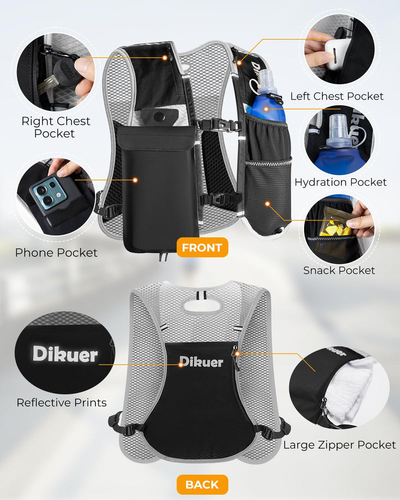 Running Vest for Women Men, Lightweight Hydration Runner Vest with Transparent Waterproof Phone Pocket, 17oz Soft Flask, Adjustable Chest Straps Reflective Backpack for Hiking Cycling Jogging Grey