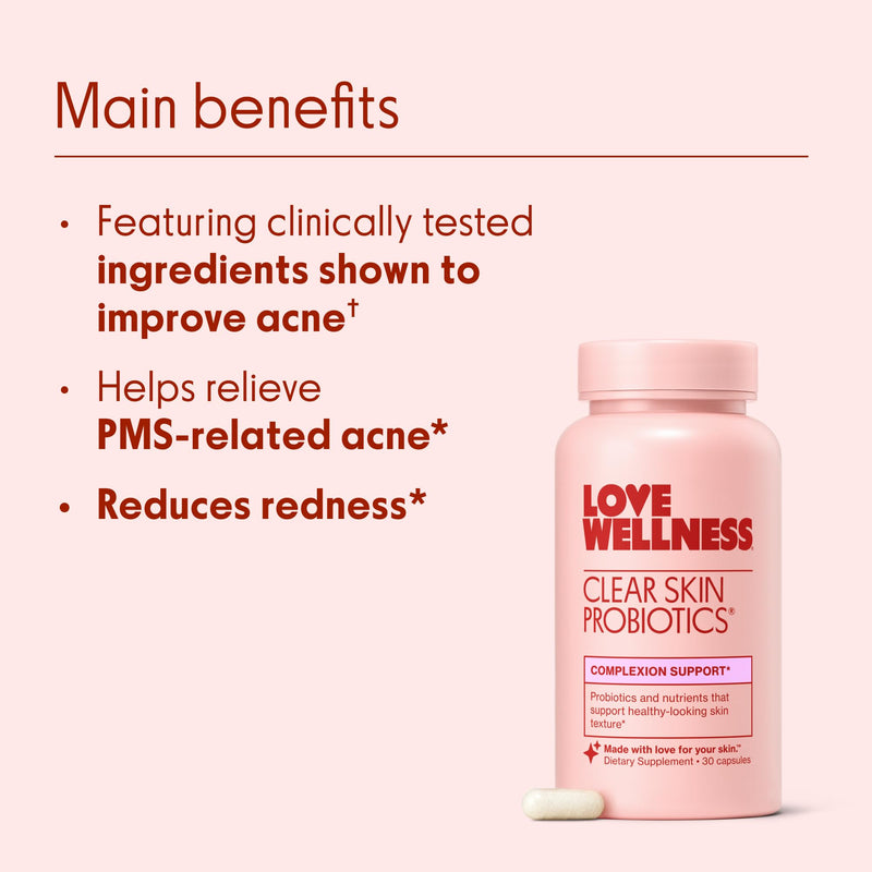 Love Wellness Clear Skin Probiotic| Zinc,Bifidobacterium,Chaste Tree| 30 Ct | BB536, Sugar free, No artificial colors, flavors & dyes