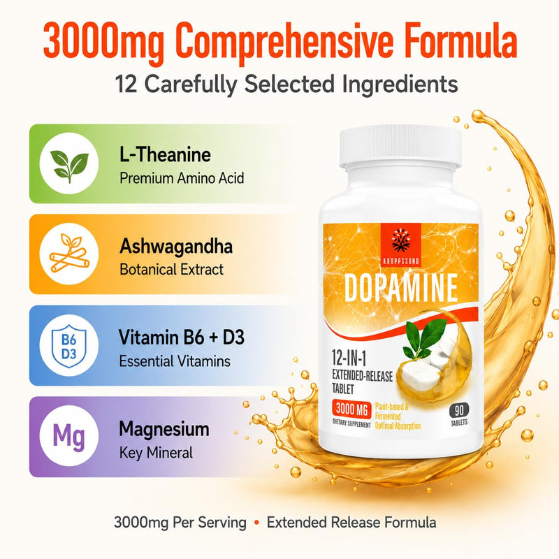 Kroppssund Dopamine Supplements with L-Theanine & Ashwagandha, 12-in-1 Extended Release Formula, 3000mg Per Serving, 90 Tablets (2 Bottle) | Dopamine Supplement, 12-in-1 with L-Theanine & Ashwagandha, 180 Tablets Unflavored 90 Count (Pack of 2)