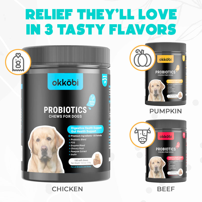 Probiotics for Dogs Chews 150PCs - Digestive, Gut Health & Diarrhea Support - Probiotic Chews for Dogs - Vet Approved US Formula with Dog Probiotics, Enzymes & Natural Ingredients - Chicken 150 pcs