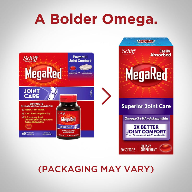 MegaRed 353mg Omega-3 Krill Oil Joint Care Supplement with EPA/DHA Fatty Acids, Antioxidants, Hyaluronic Acid, No Fishy Burp Aftertaste as with Fish Oil, 60 Count Softgels