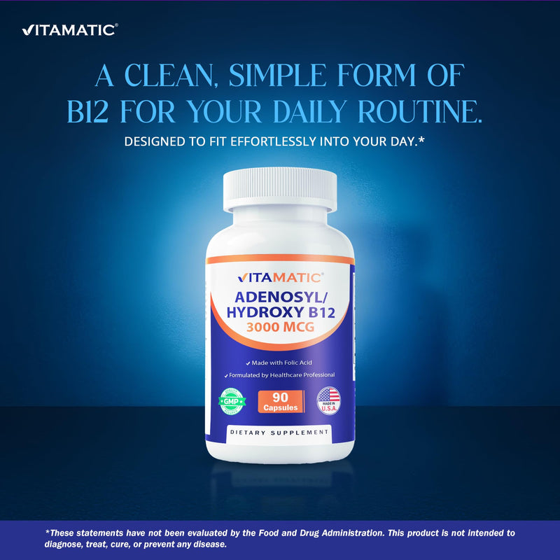 Vitamatic Adenosylcobalamin Hydroxocobalamin B12-3000 mcg with Folic Acid – Dual Active Form of B12 – Non-GMO, Gluten-Free, Sugar-Free – 90 Veg Capsules – Made in USA