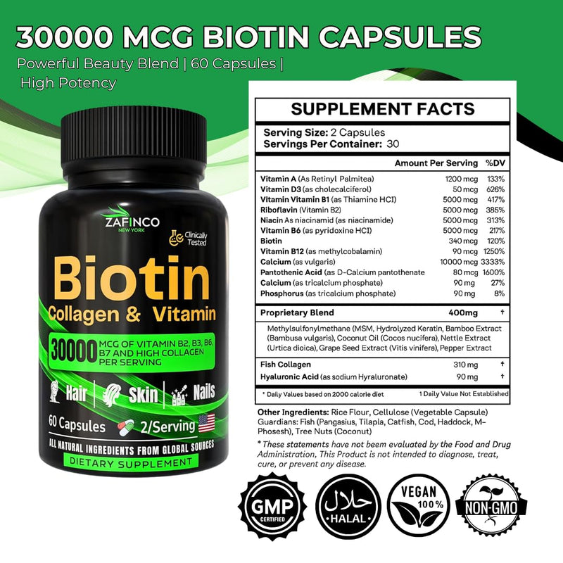 ZAFiNCO- BIOTIN Capsule for Women and Men. 30000 mcg Biotin+Collagen, Hyaluronic Acid and Multivitamin Formula for Anti Aging,Glowing Skin, Long Hair and Nails. 60 Capsule-USA