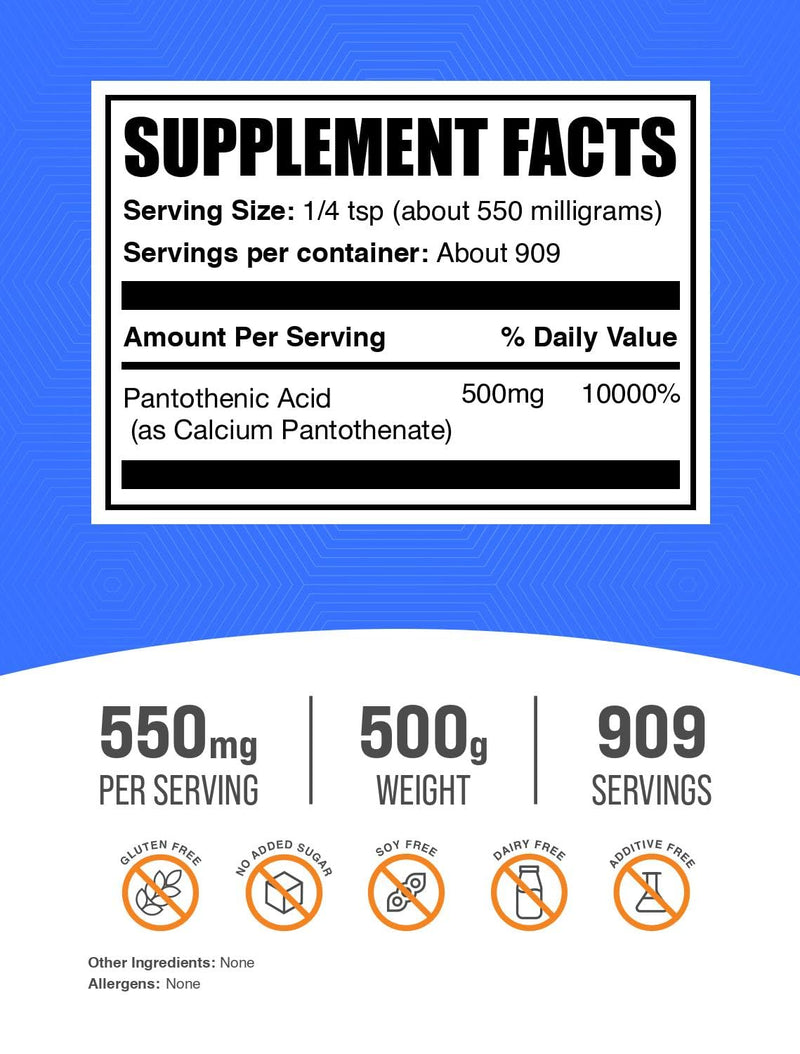 BulkSupplements.com Vitamin B5 Powder - as Calcium Pantothenate, B5 Vitamins - Gluten Free, 500mg of Vitamin B5 Pantothenic Acid per Serving, 500g (1.1 lbs) (Pack of 1) 17.64 Ounce (Pack of 1)