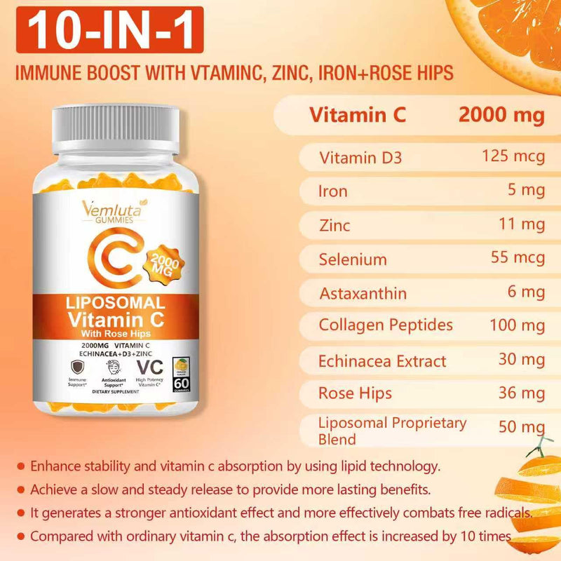 1 Pack Liposomal Vitamin C 2000mg Gummies Complex Rose Hips with D3 5000IU,Elderberry Echinacea,Iron & Zinc for Adults Kids Immune,Antioxidant & Collagen Support,Orange Flavor, 60Count Orange 60 Count (Pack of 1)