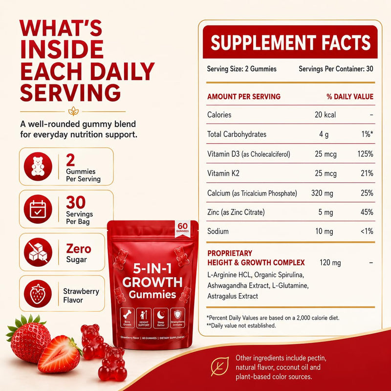 5-in-1 Growth Gummies, Supports Natural Height & Bone Development with Essential Amino Acids & D3, K2, Delicious Strawberry Flavor, 60-Count