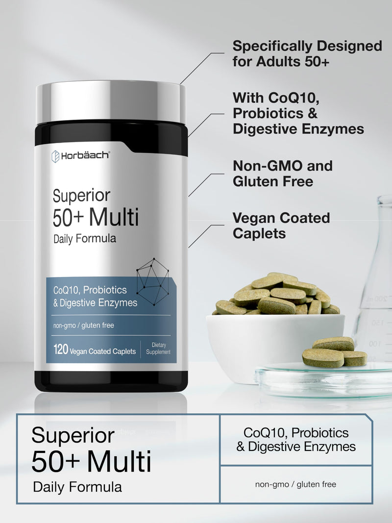 Horbäach Multivitamin for Men and Women Over 50 | 120 Caplets | Daily Supplement for Adults | with Coq10, Probiotics & Digestive Enzymes | Vegan, Non-GMO, Gluten Free Formula